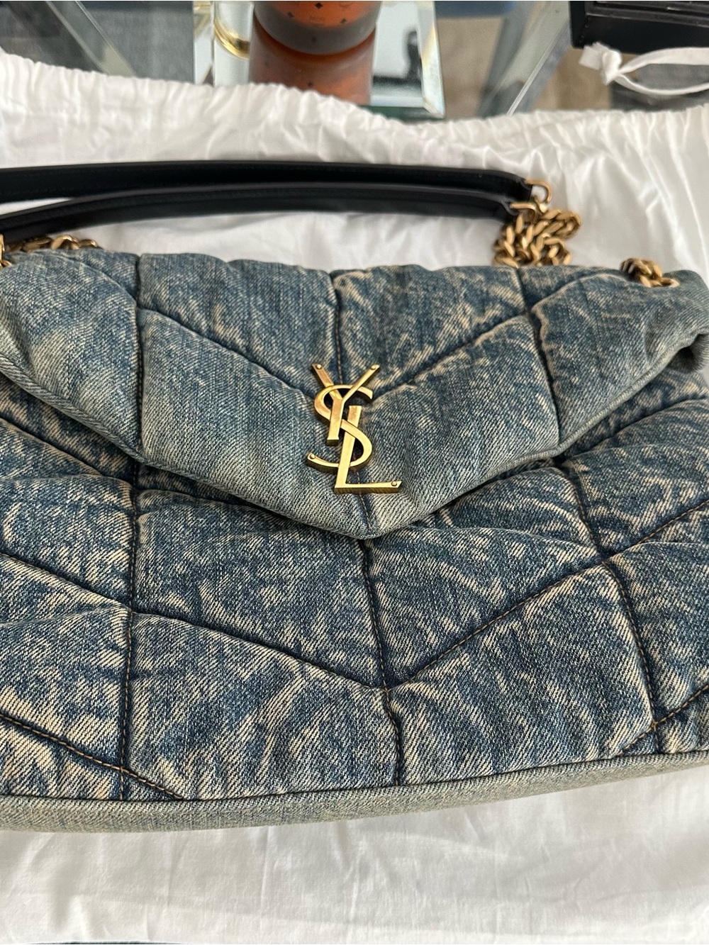 Saint Laurent Quilted Loulou Denim Shoulder Bag with Gold YSL Logo